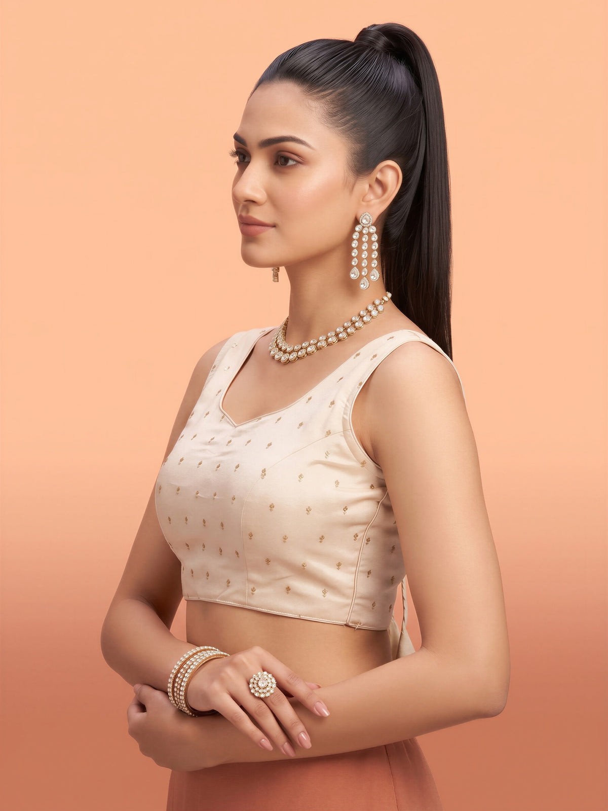 White sequin embellished silk blend sleeveless readymade saree blouse with round neck view 2