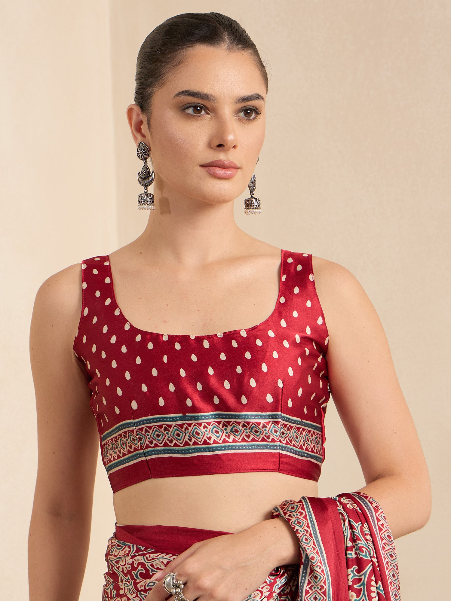 Unstitched red pure crepe blouse piece with ajrak design
