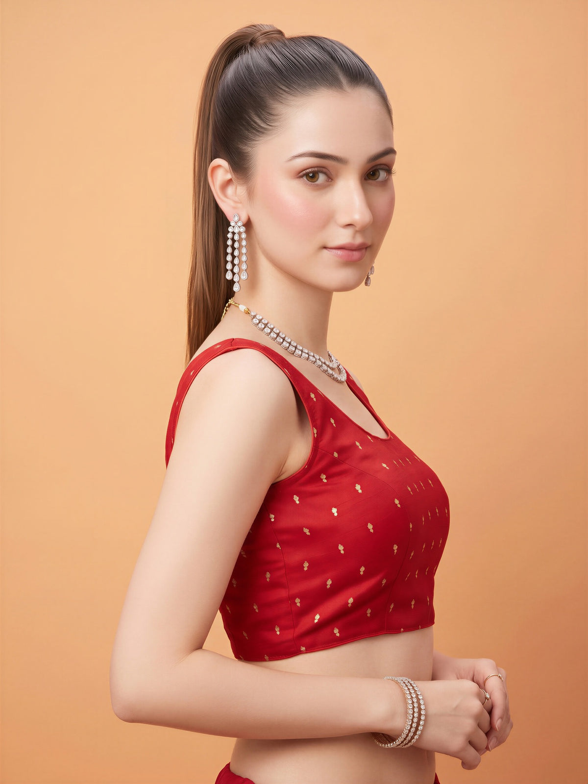 Red sequin embellished silk blend sleeveless readymade saree blouse with round neck view 2