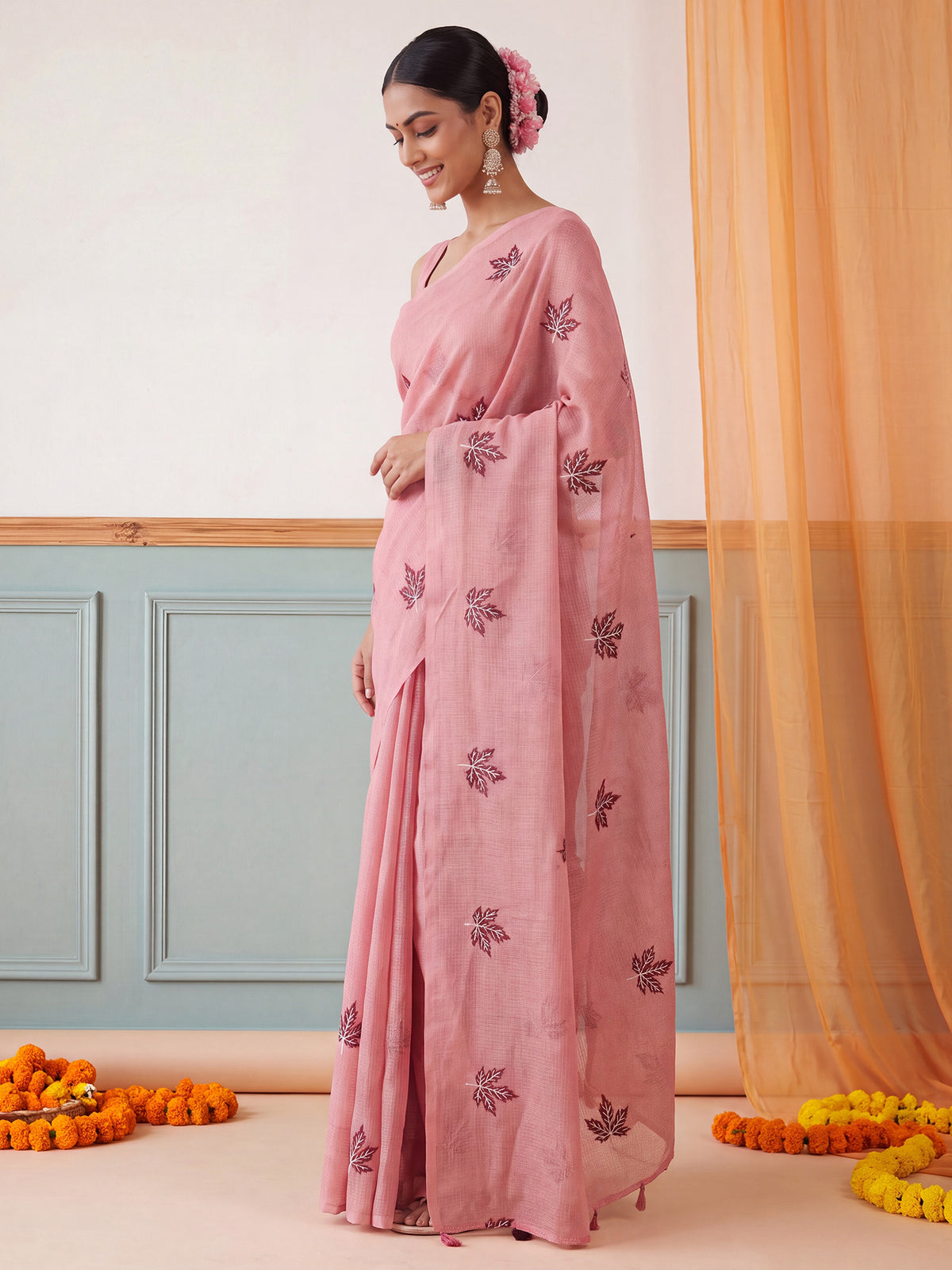 Peach Kota Doria Cotton saree – detail view 2