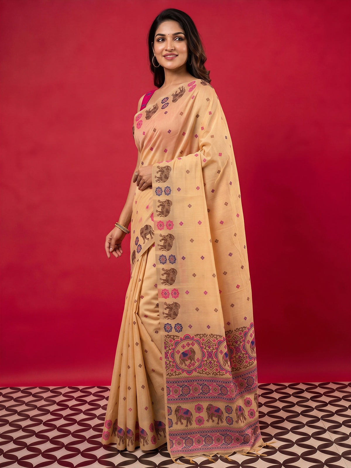 Peach silk blend saree view 2