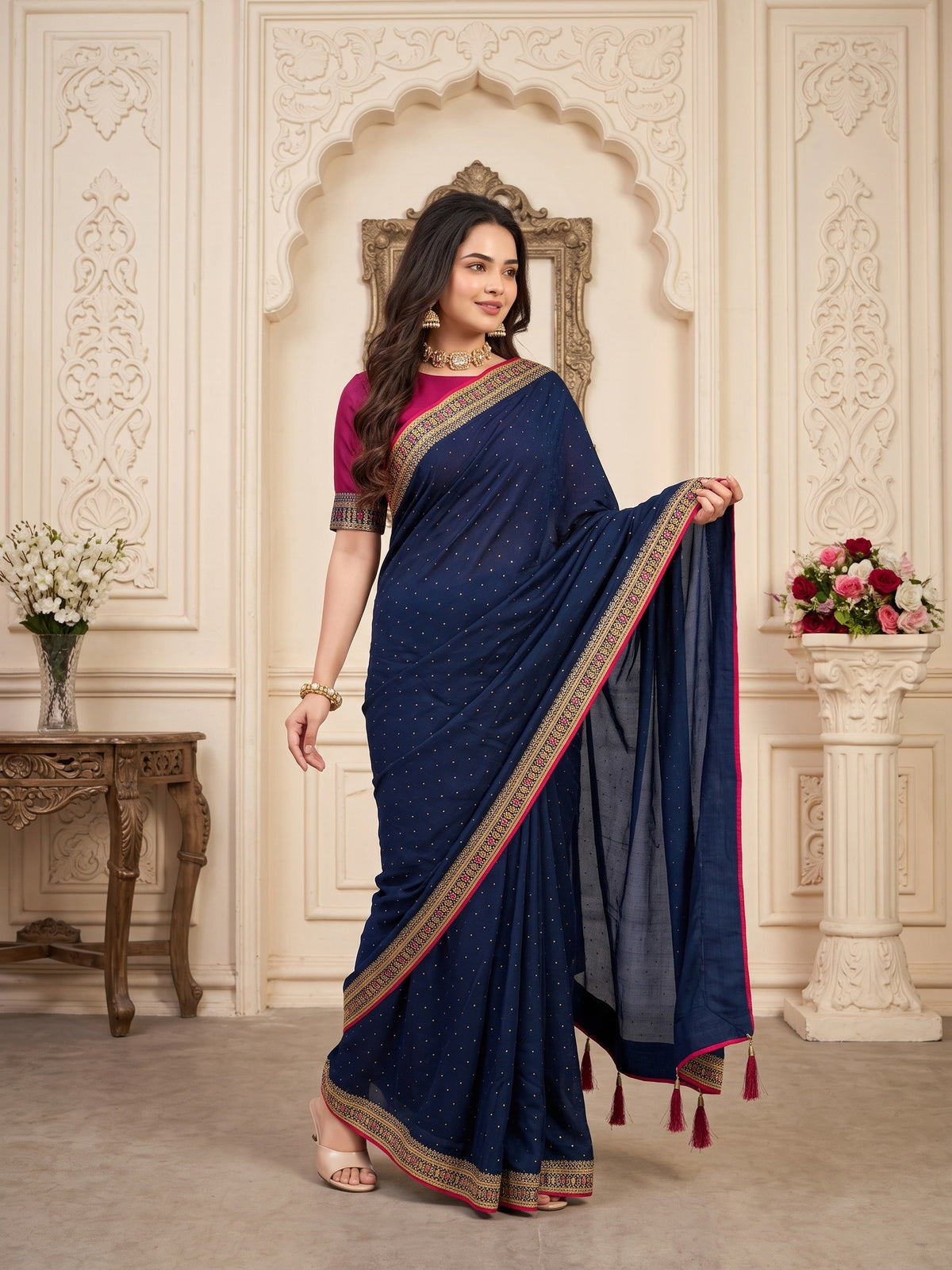 Teal Blue Vichitra Silk saree – detail view 4