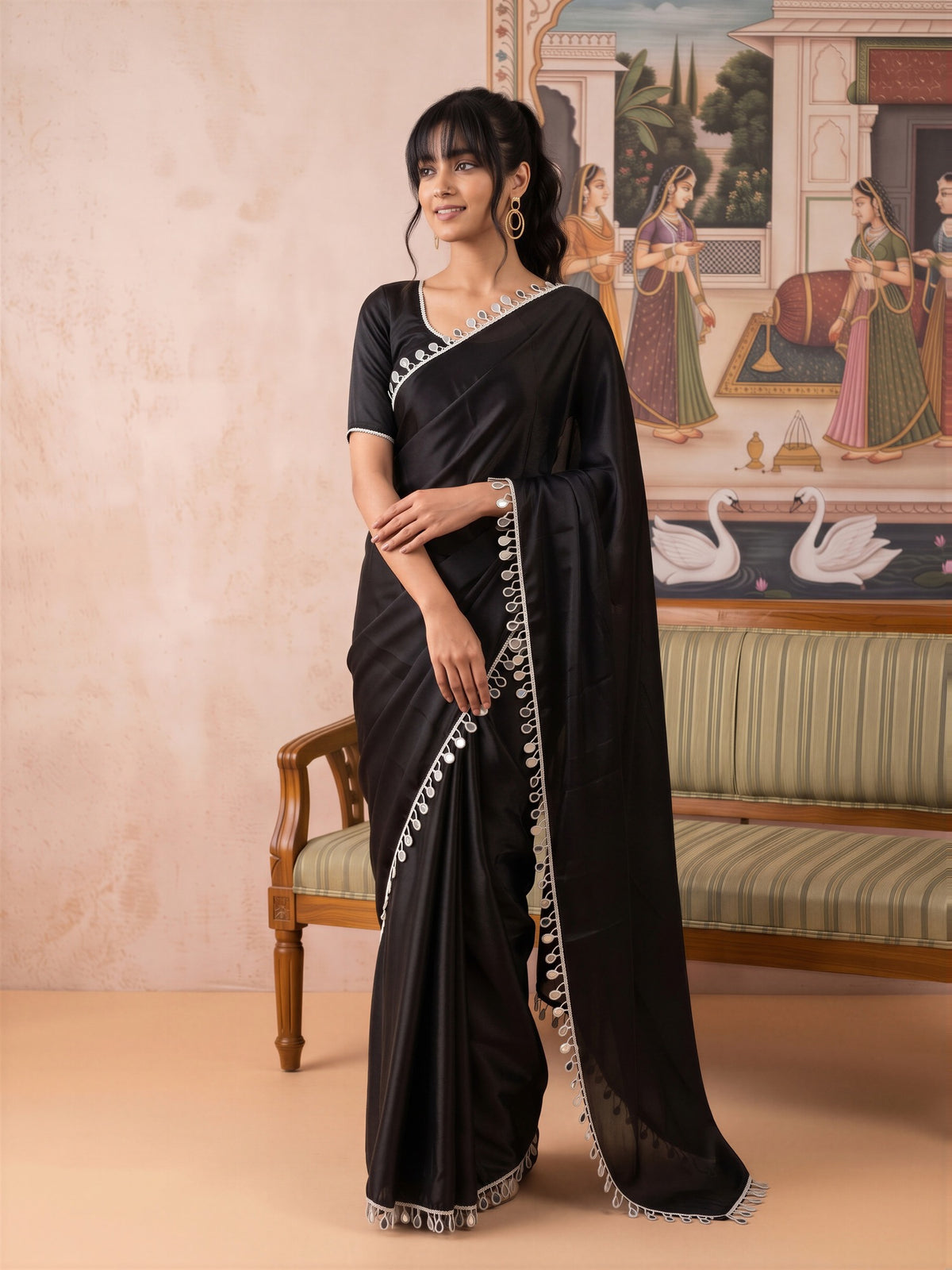 Black Satin saree – detail view 2