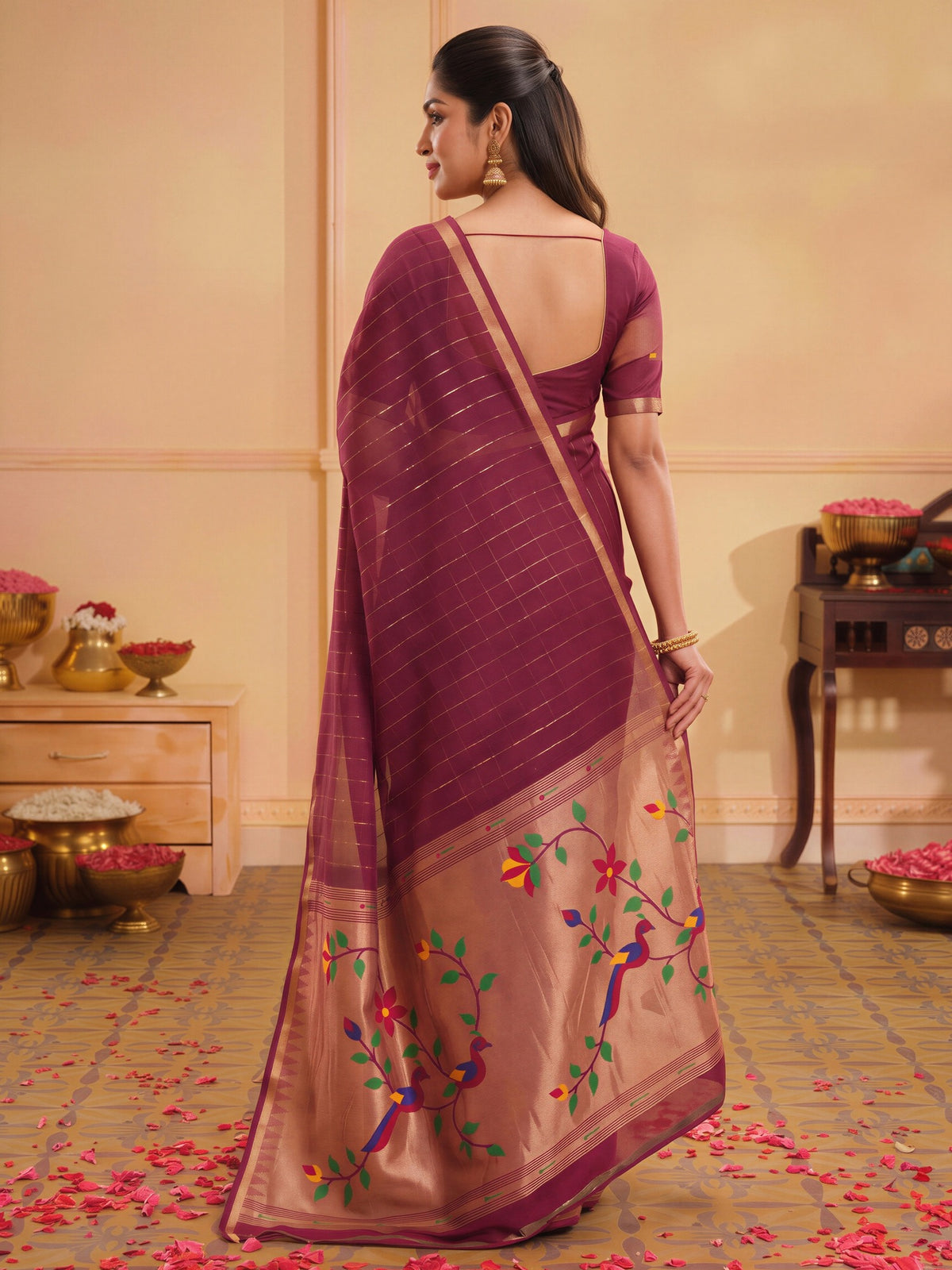 Wine silk blend saree view 1