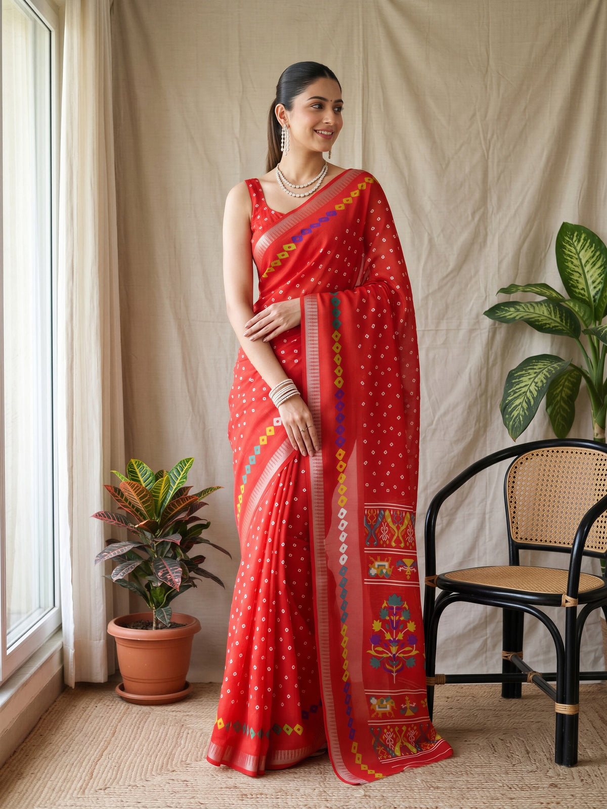 Woman wearing red georgette saree with bandhani tie-dye dot work and red blouse