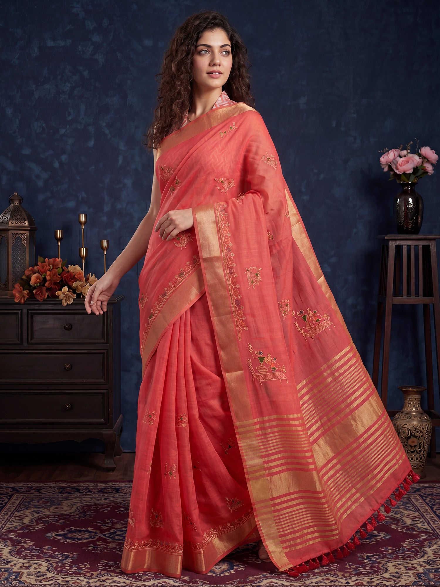Peach Cotton Linen saree – detail view 3