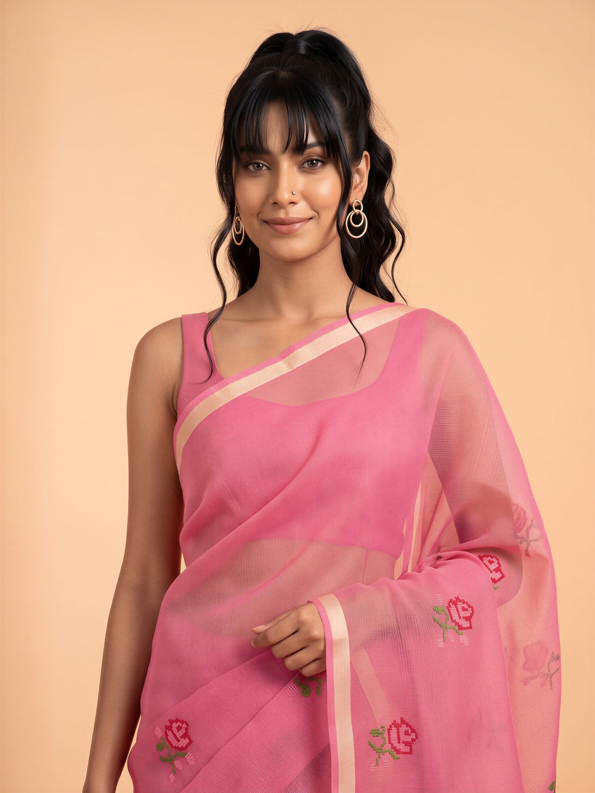 Pink Kota Doria Cotton saree – detail view 4