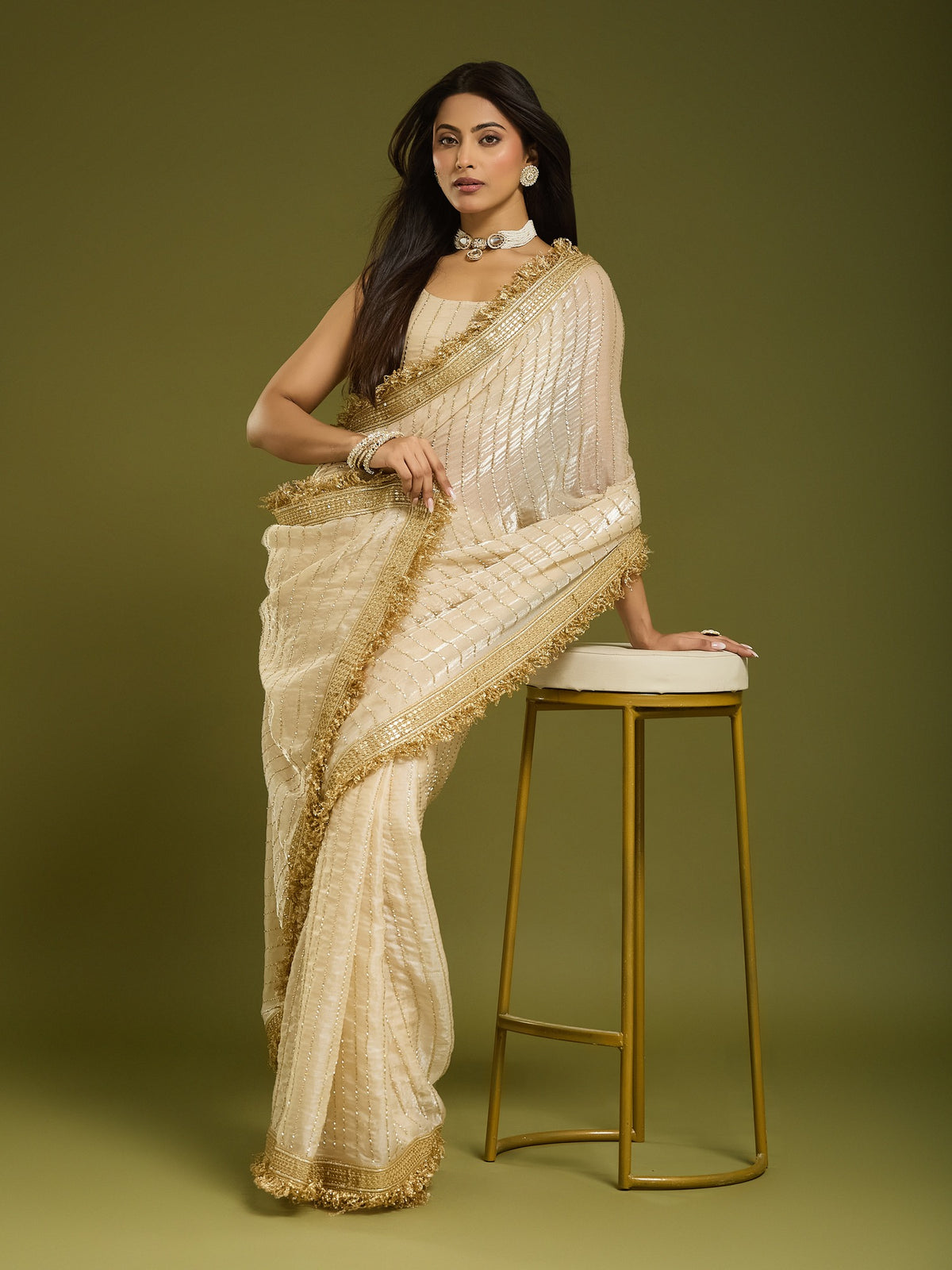 Cream Satin saree – detail view 2
