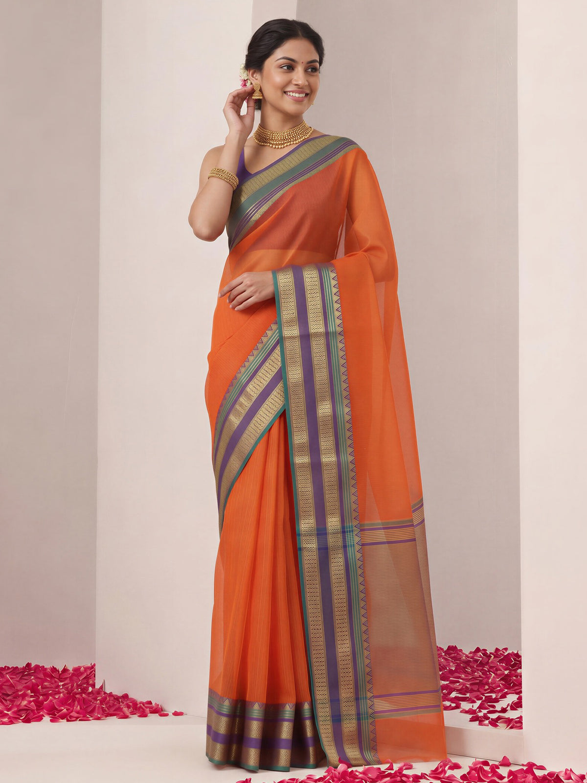 Orange kota doria cotton saree view 3