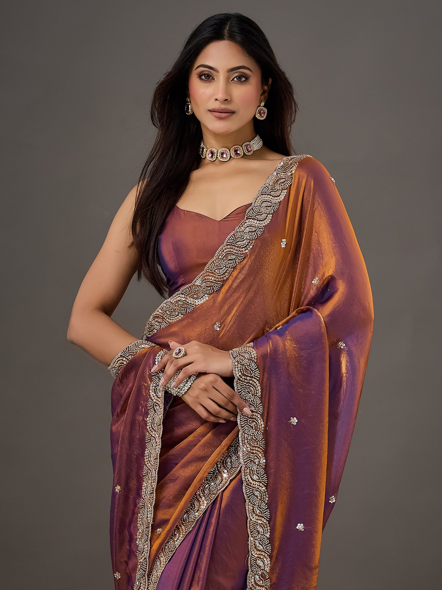 Bronze Satin saree – detail view 3
