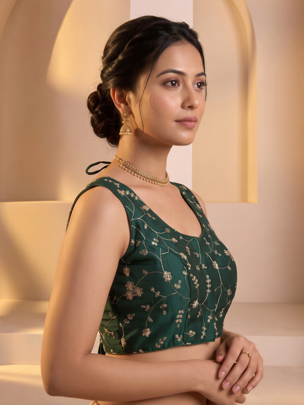Green sequin embroidered vichitra silk sleeveless readymade saree blouse with round neck view 2