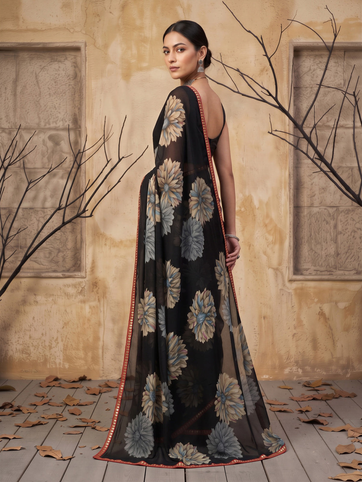 Black Georgette saree – detail view 1