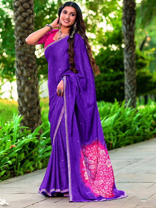 Purple embroidered chiffon saree with pink blouse piece