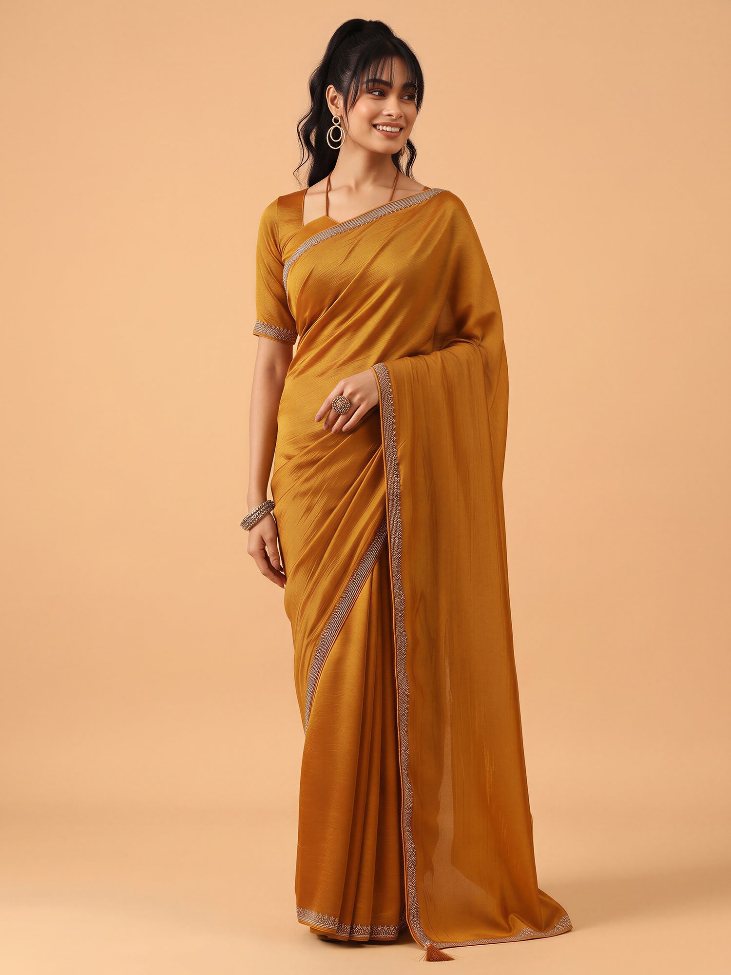 Mustard Satin Silk saree – detail view 3