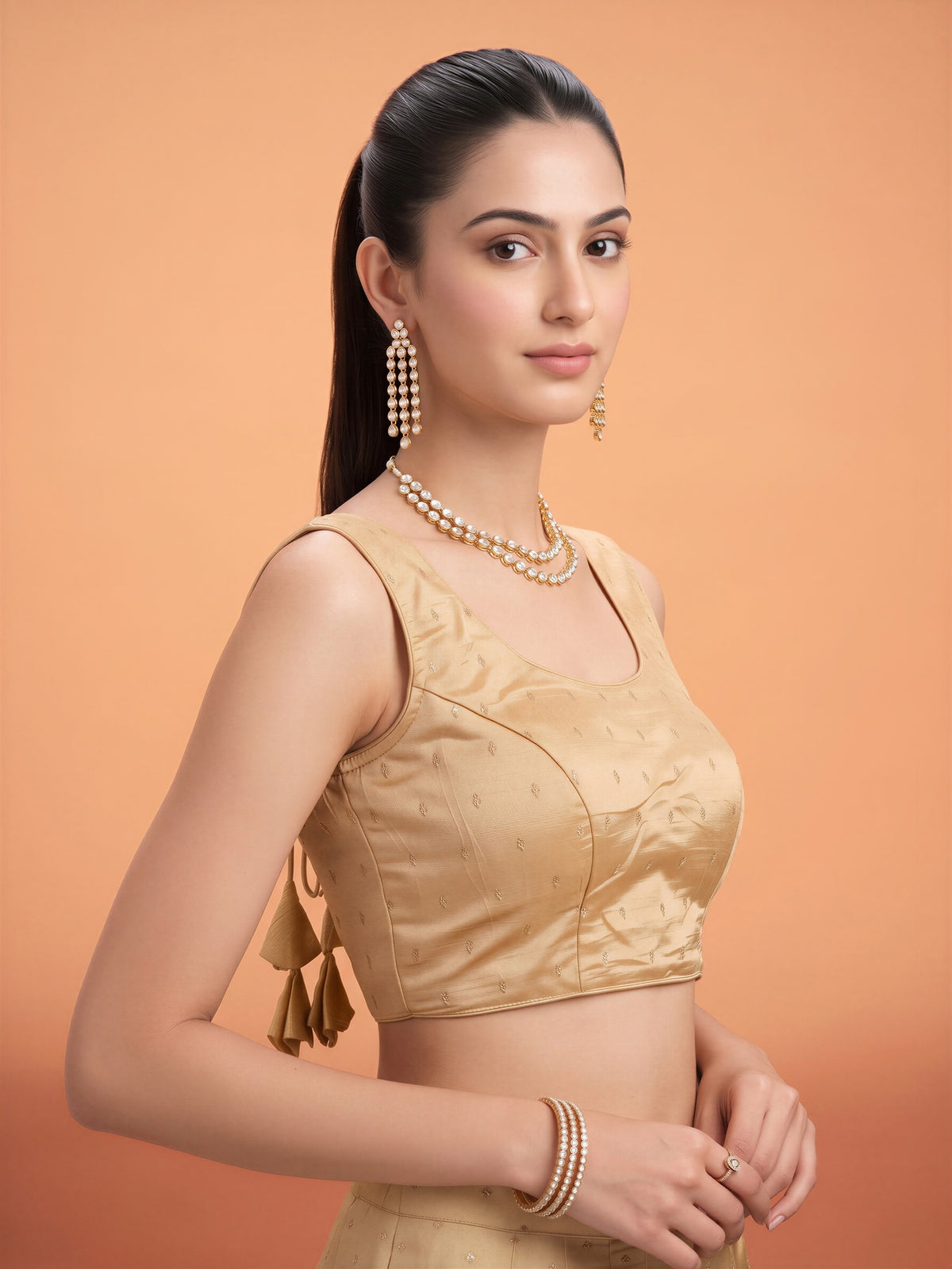Cream sequin embellished silk blend sleeveless readymade saree blouse with round neck view 2
