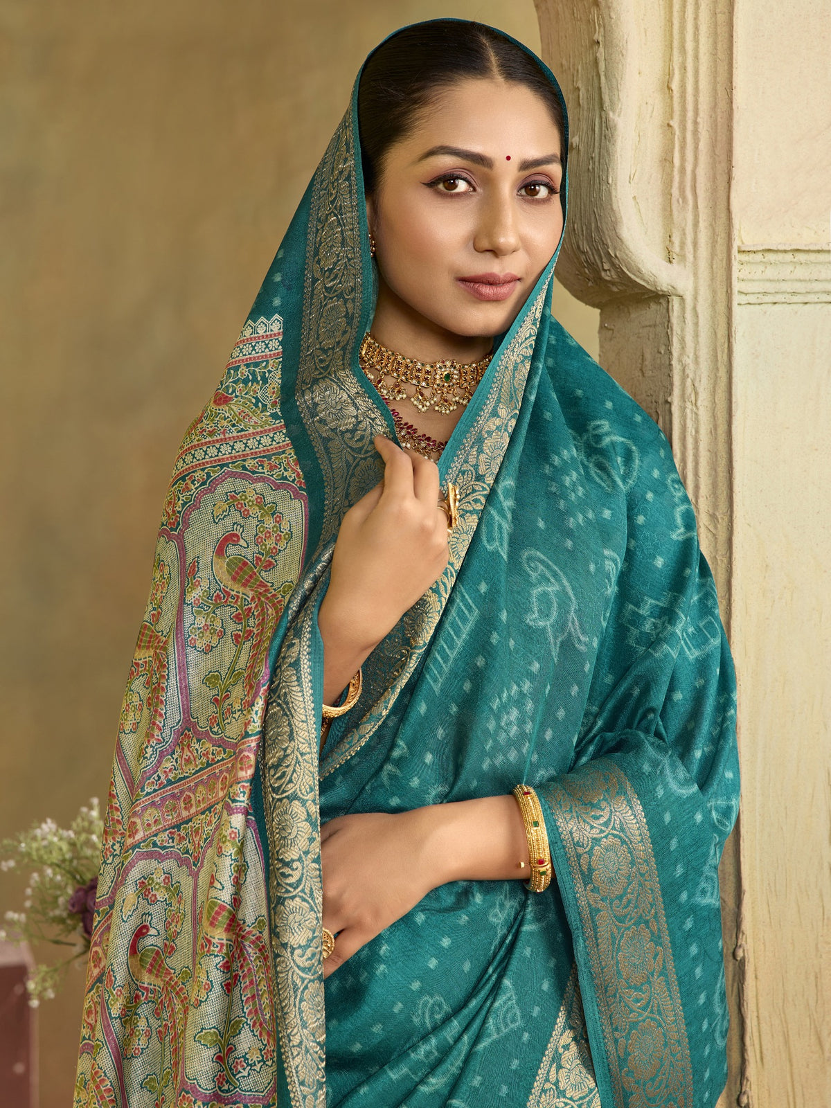 Teal Green tussar silk saree view 3