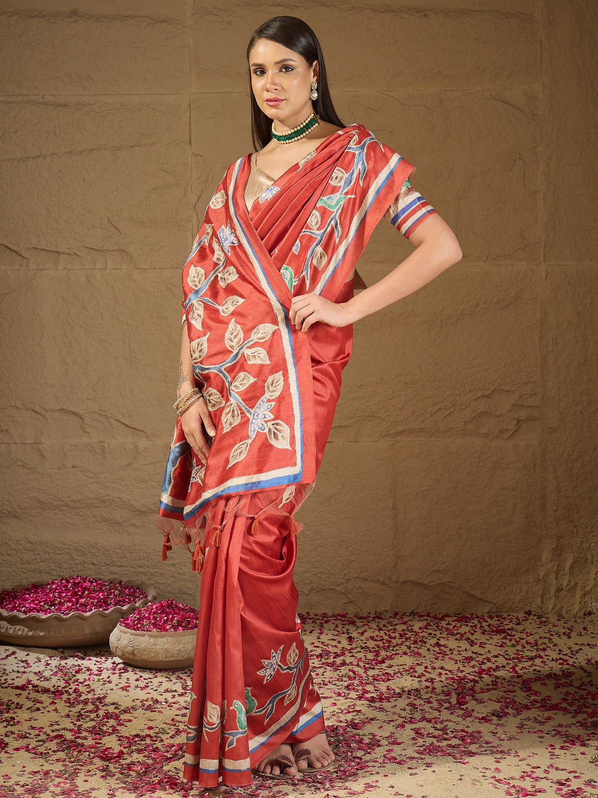 Rust art silk saree view 7