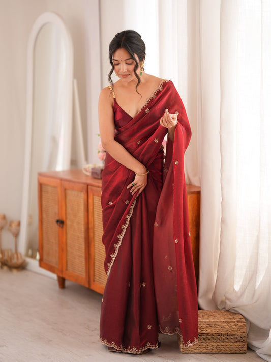Maroon Satin saree – detail view 1