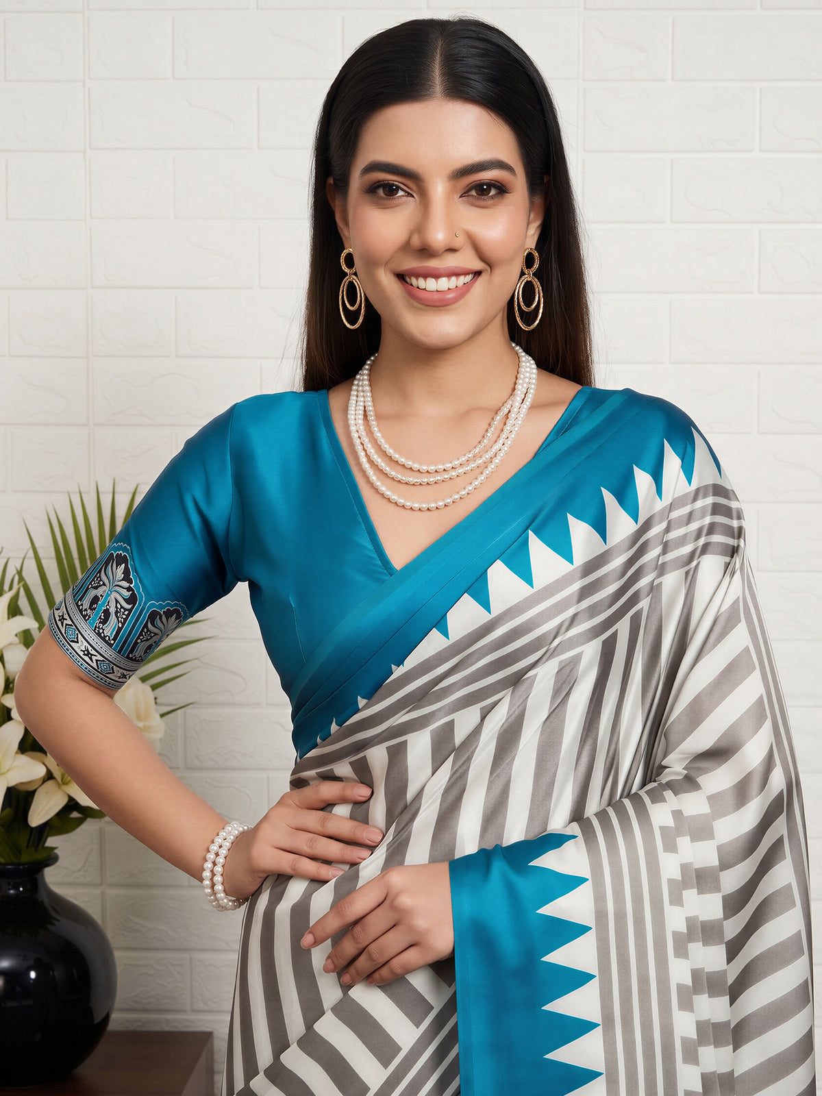 Teal Blue Satin saree – detail view 4