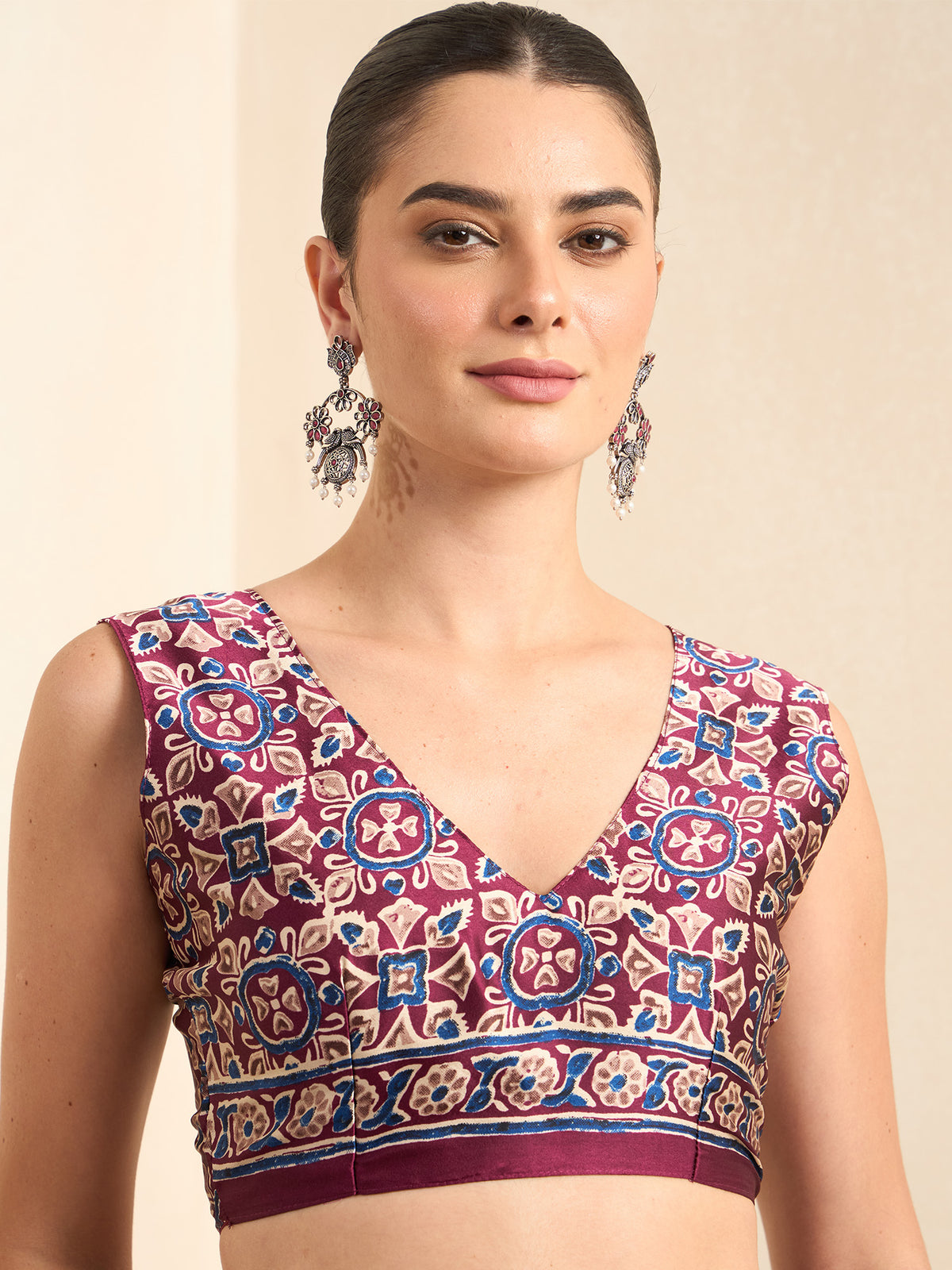 Unstitched wine crepe blouse piece with ajrak design