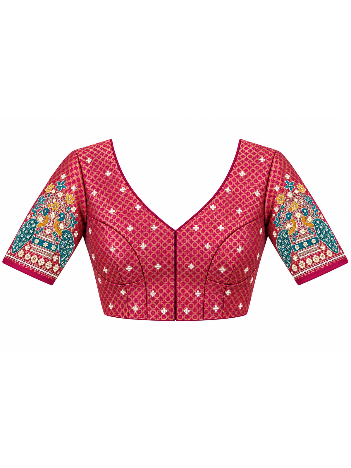 Unstitched magenta  blouse piece with embellished design