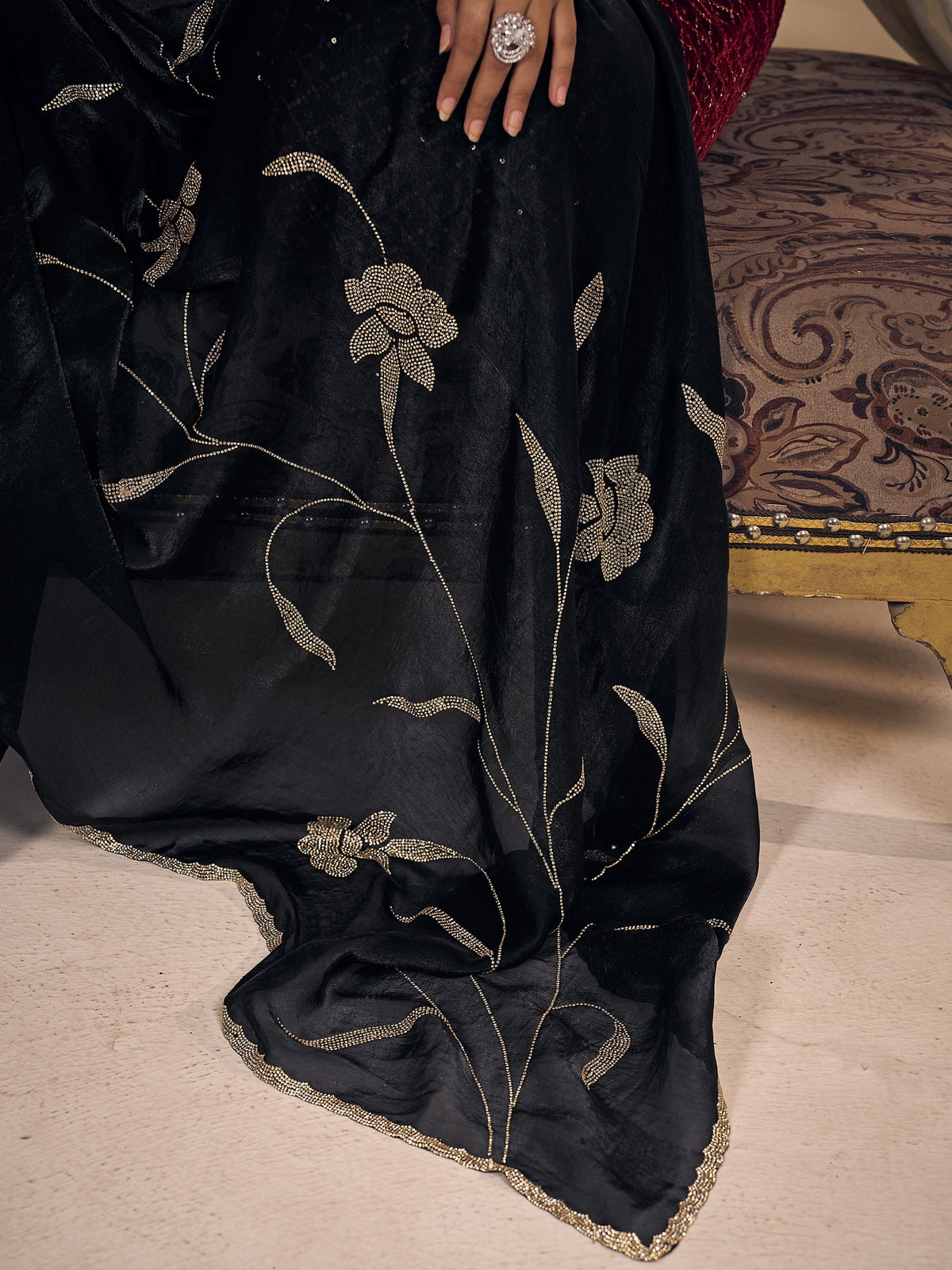 Black satin silk saree view 4