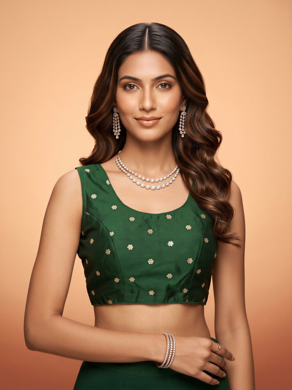 Green sequin embellished chinnon sleeveless readymade saree blouse with round neck