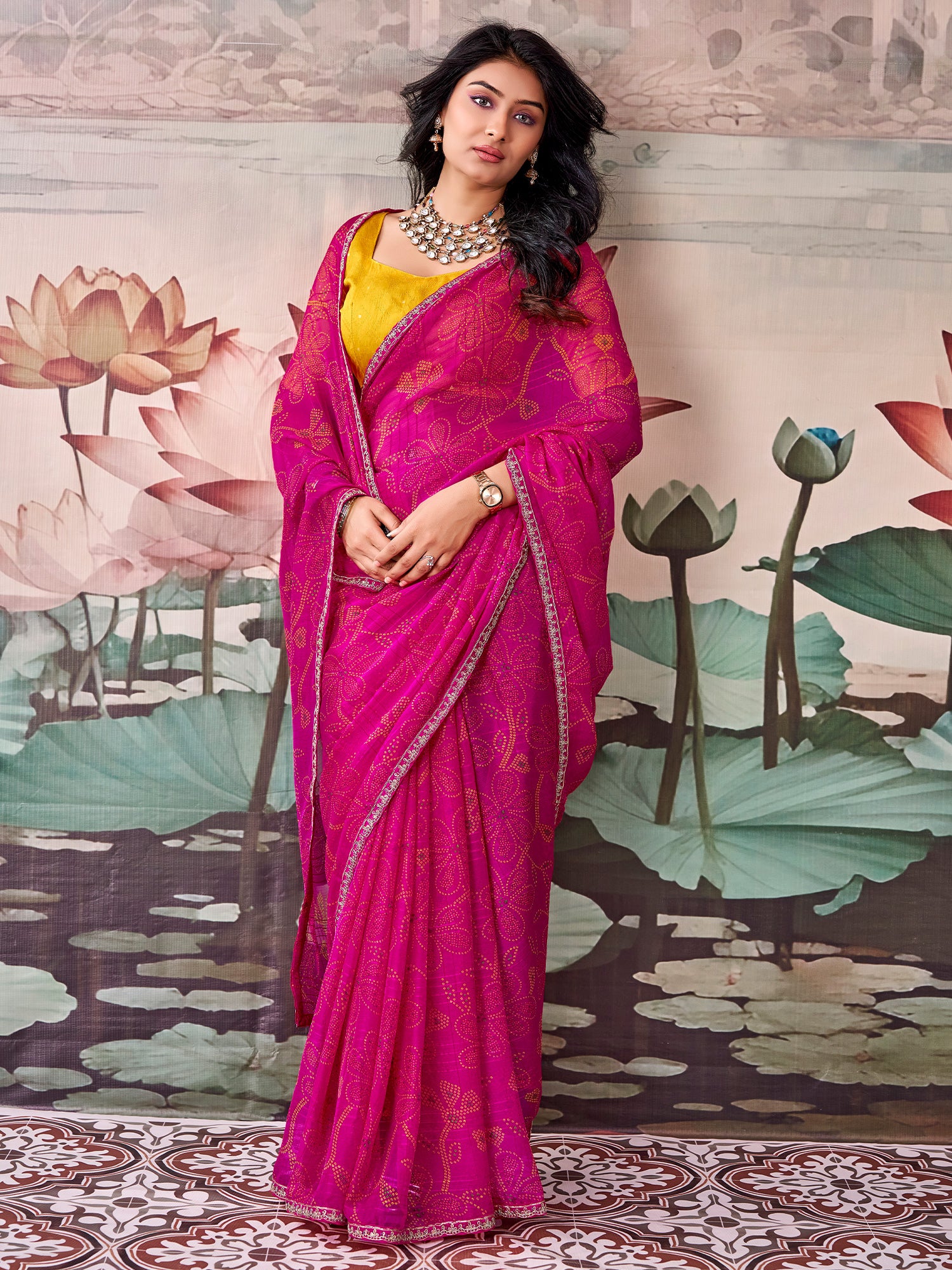 Pink Georgette saree – detail view 1