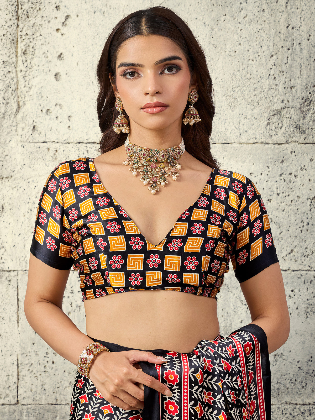 Unstitched black satin blouse piece with ajrak design