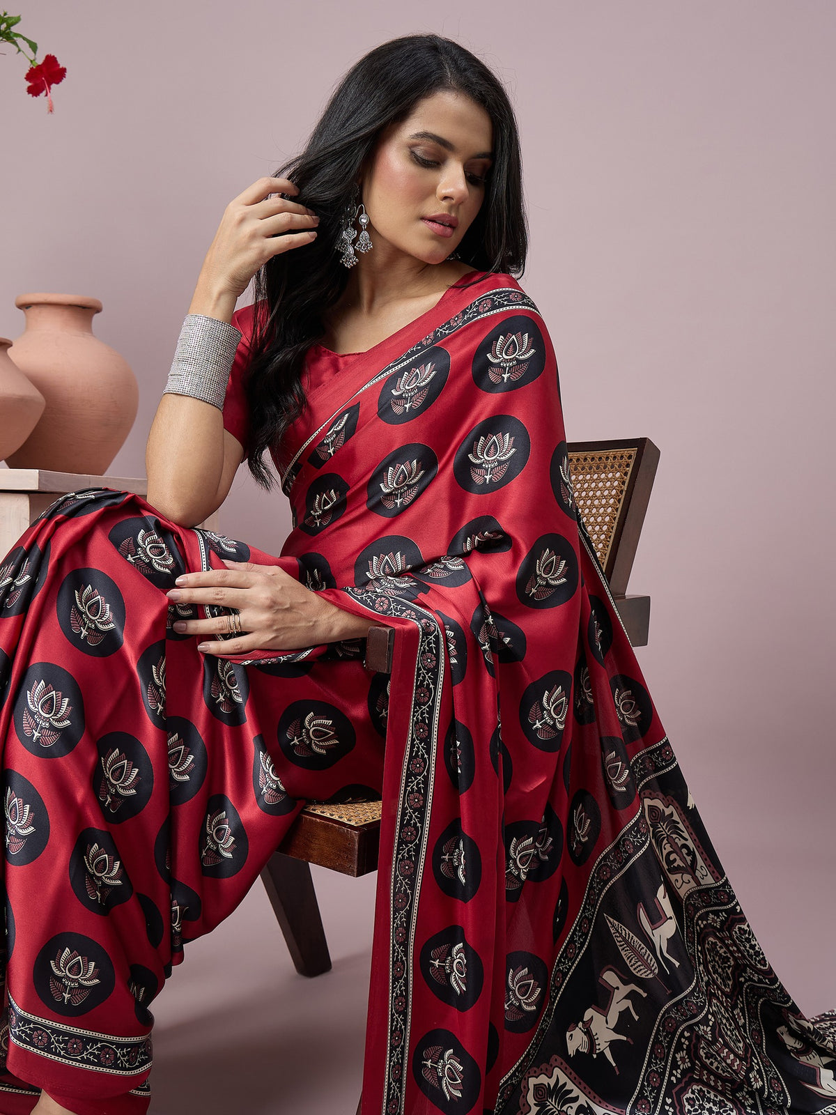 Maroon satin saree view 6