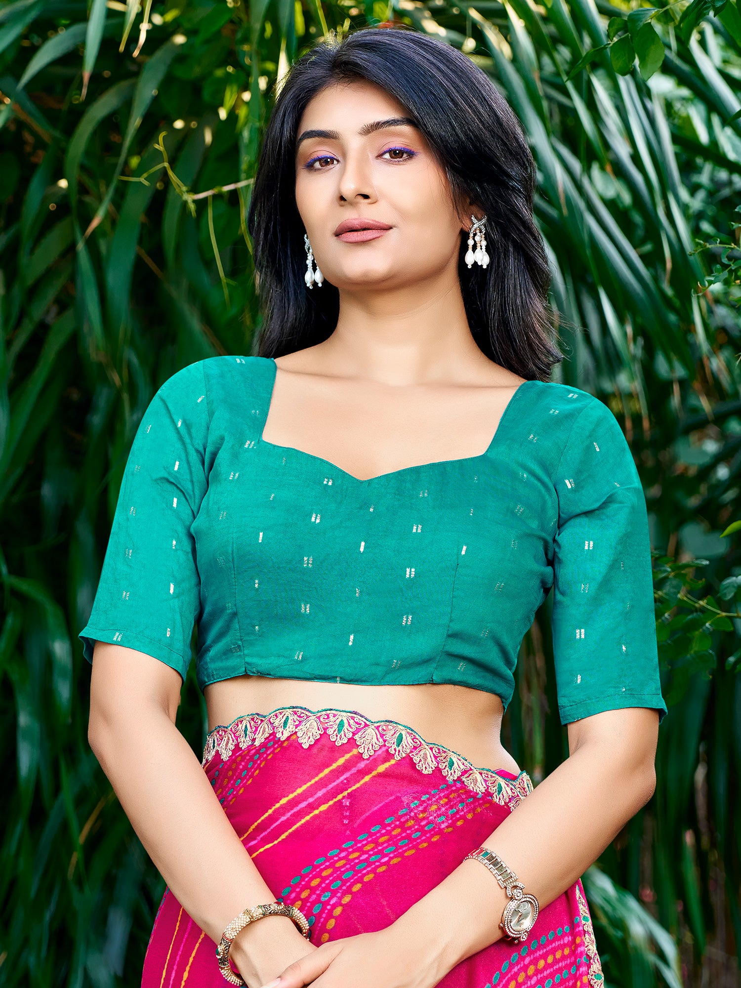Unstitched teal green georgette blouse piece with zari butta design