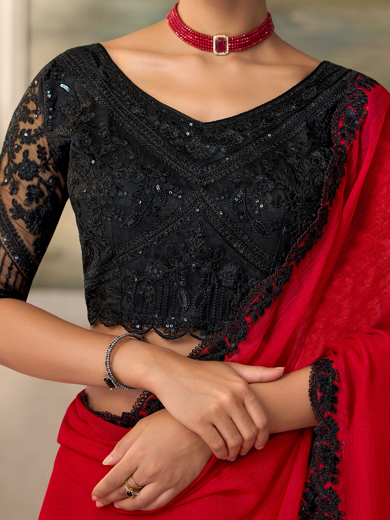 Red Chiffon saree – detail view 3