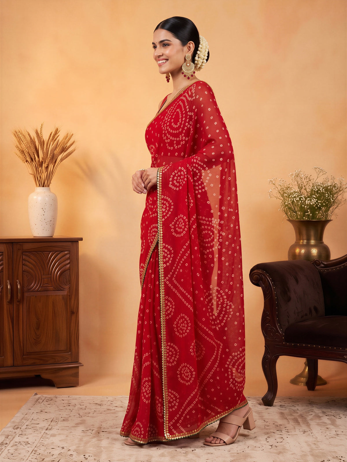 Red Georgette saree – detail view 2