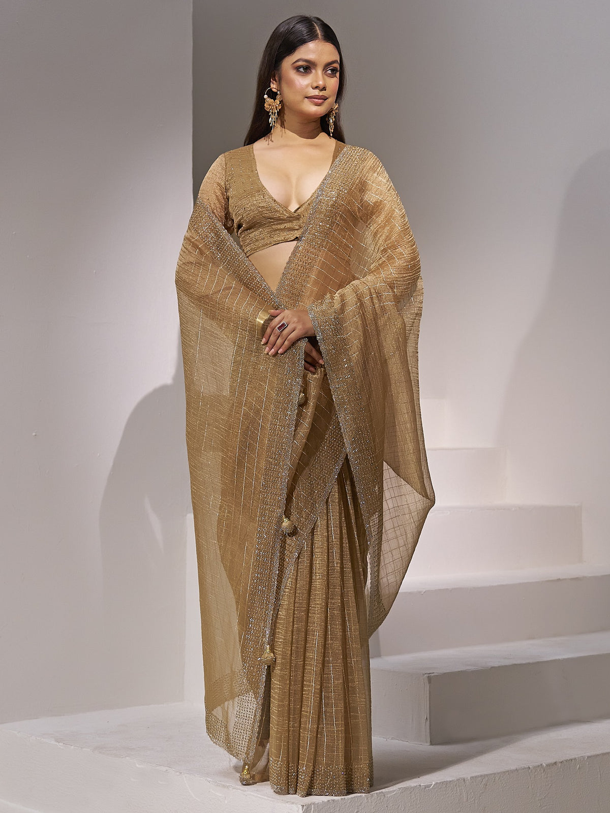 Mustard organza saree view 3