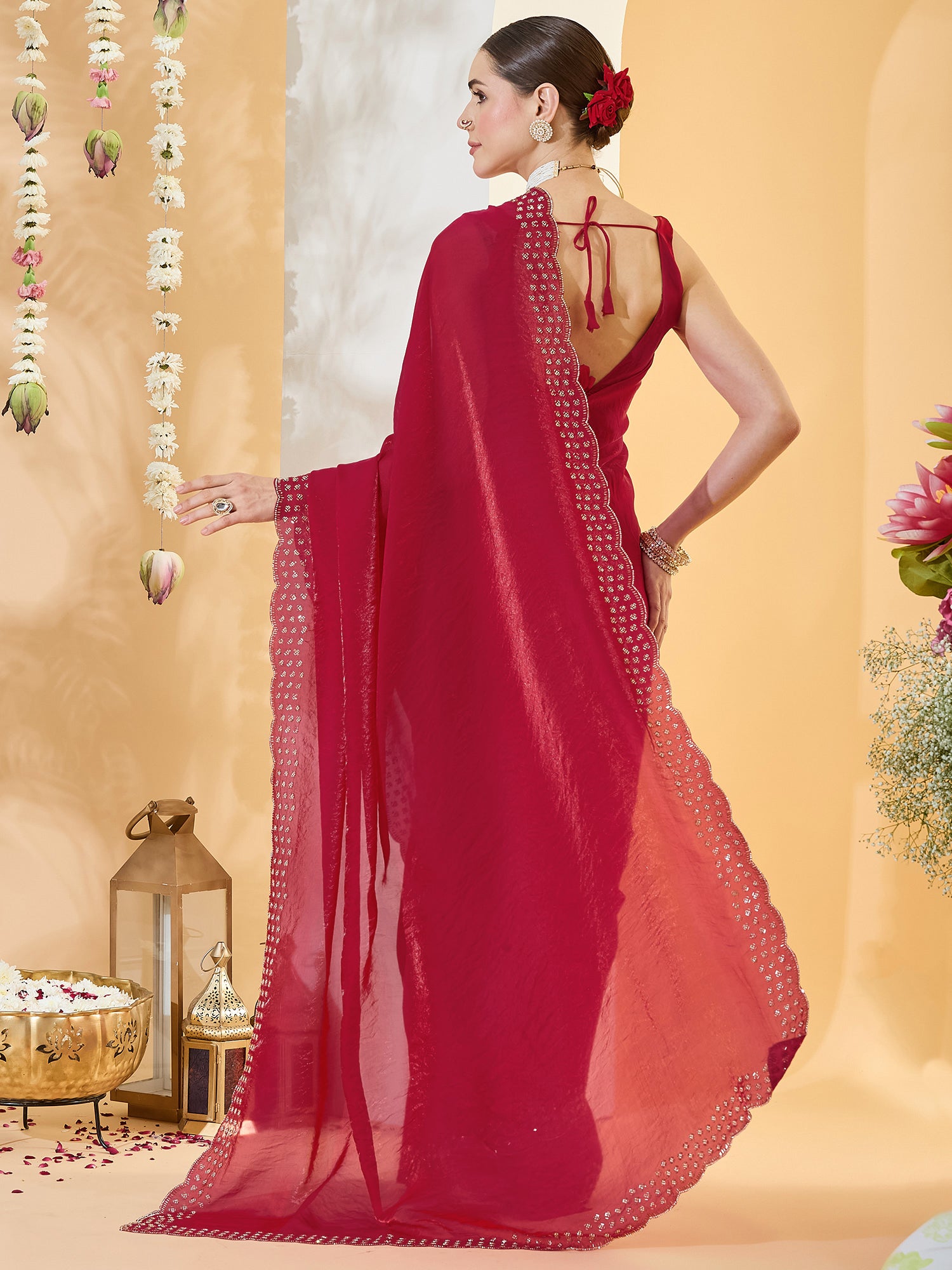 Red Satin saree – detail view 1