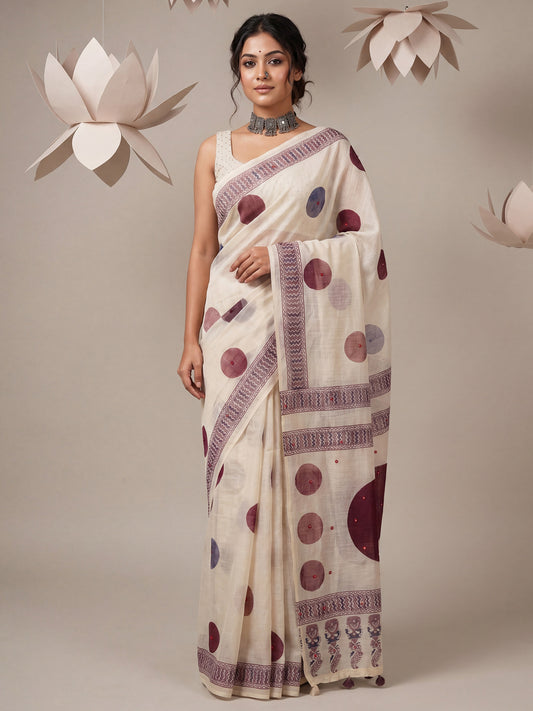 Woman wearing off white linen saree with traditional indian motif work and off white blouse