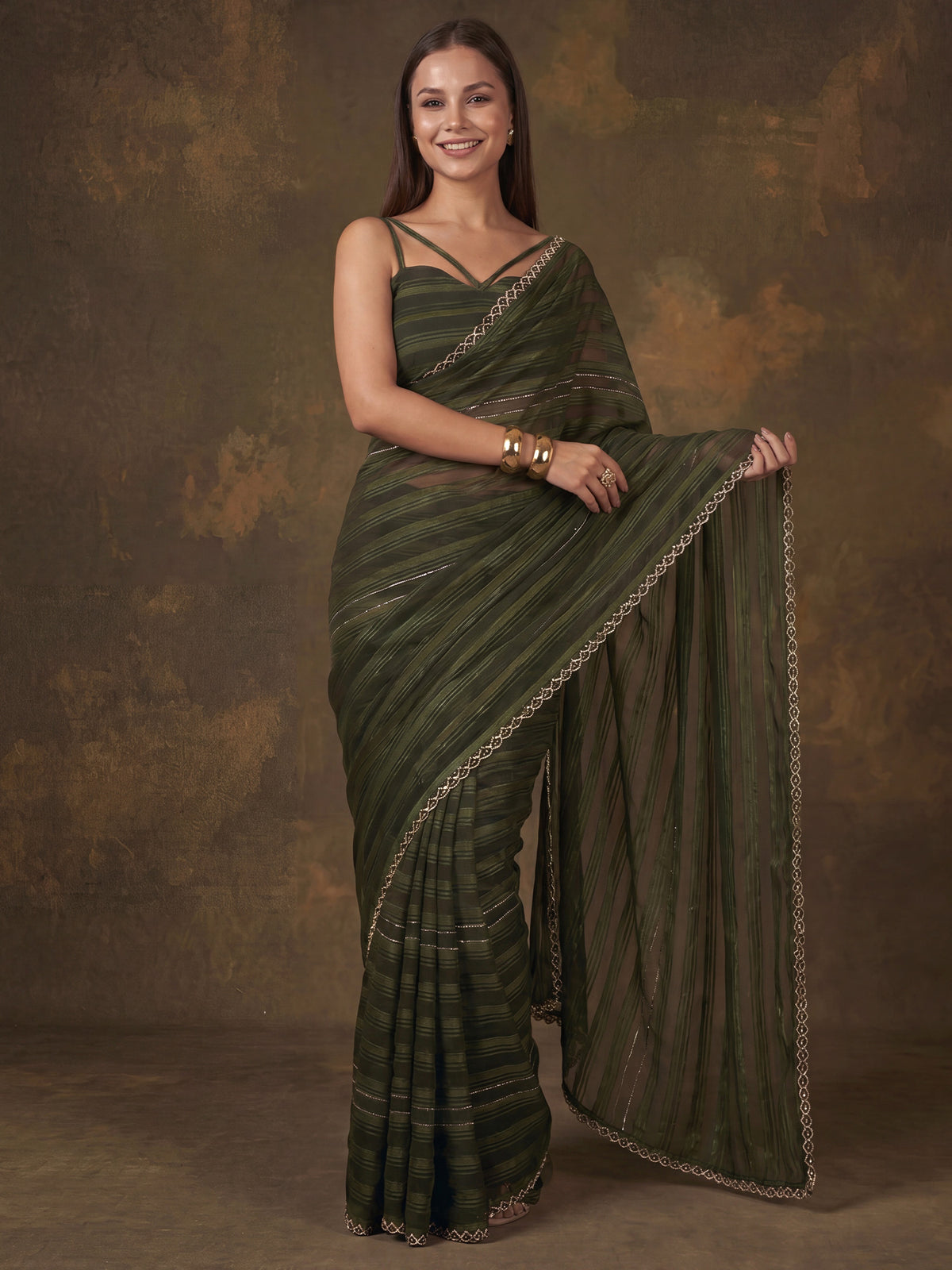 Dark Green Georgette saree – detail view 2
