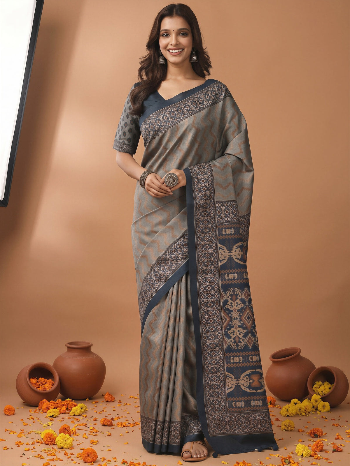Woman wearing grey silk blend saree with striped pattern design and teal blue blouse