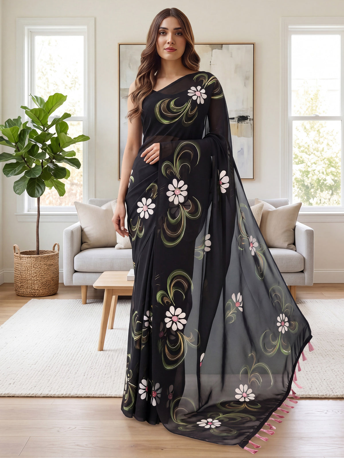 Woman wearing black georgette saree with all-over floral design and black blouse