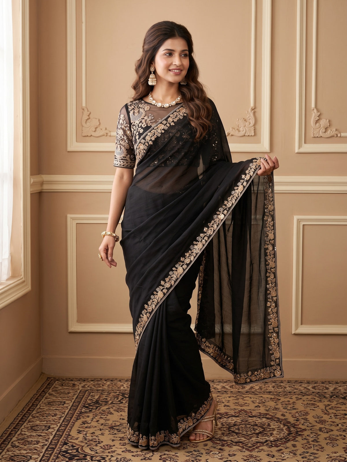 Black Vichitra Silk saree – detail view 4