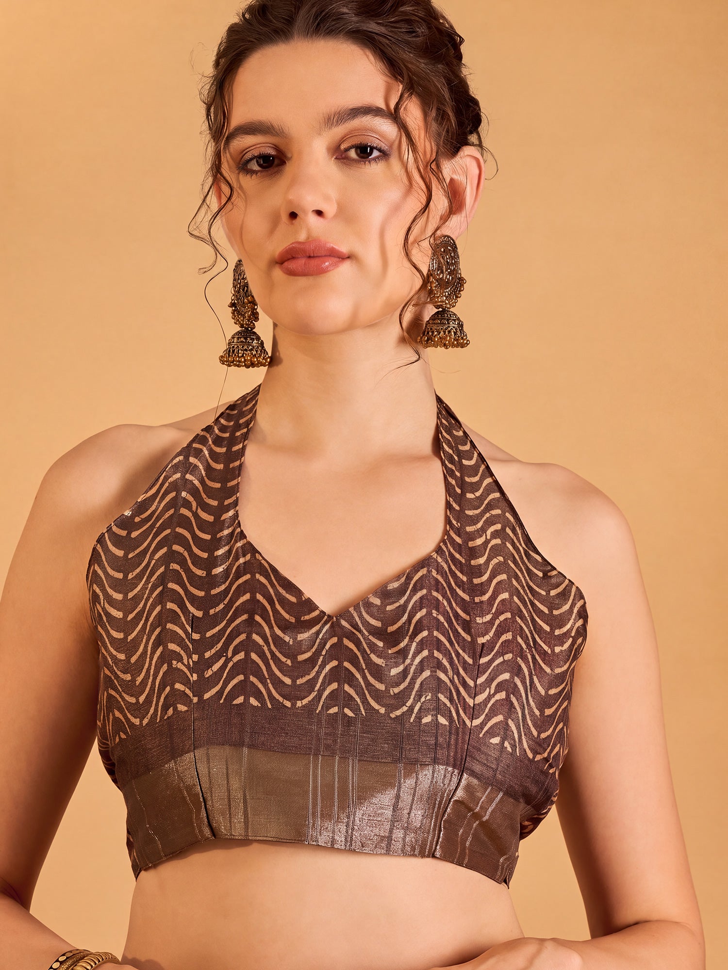Unstitched brown silk blend blouse piece with dabu design