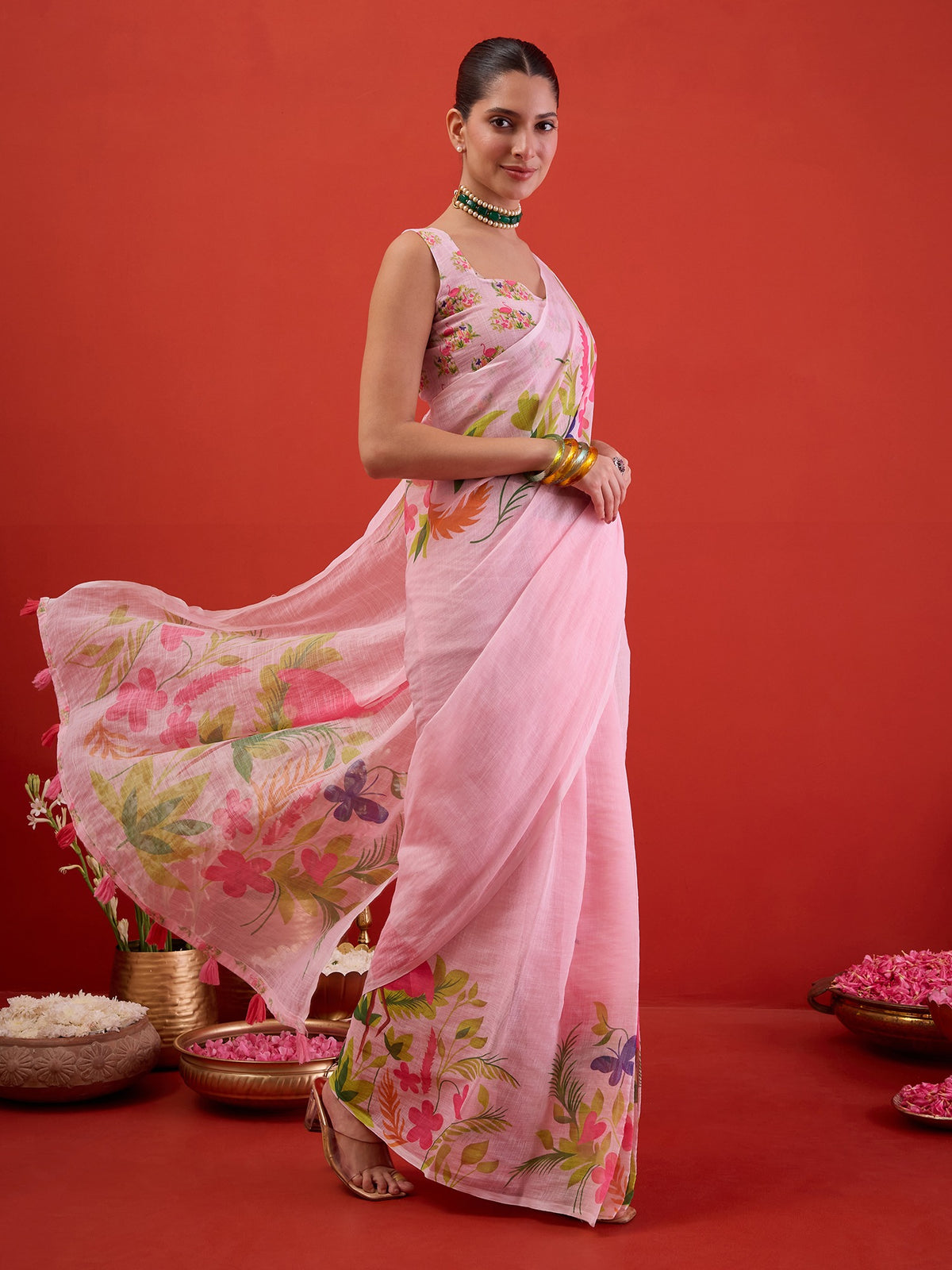 Pink Linen saree – detail view 3