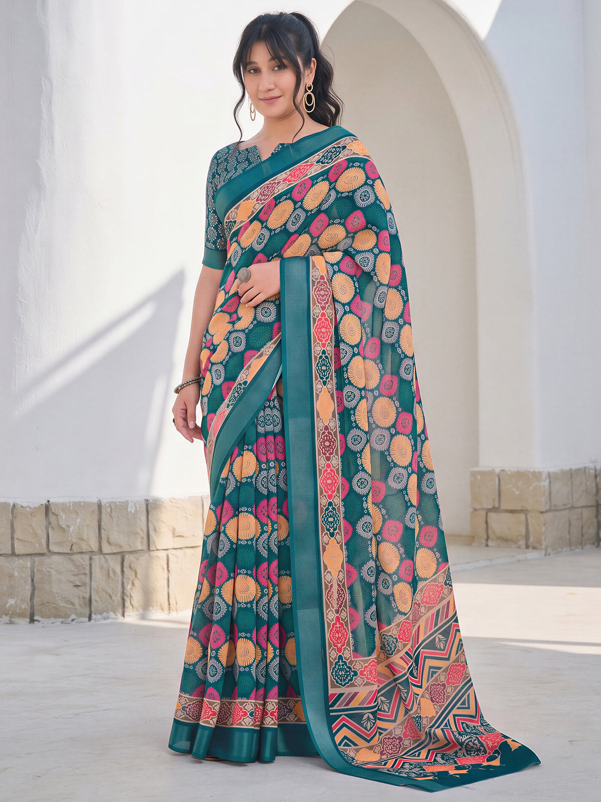 Teal Blue Cotton Linen saree – detail view 3