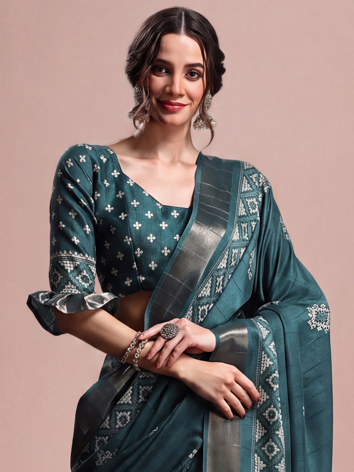 Teal Blue Silk Blend saree – detail view 4