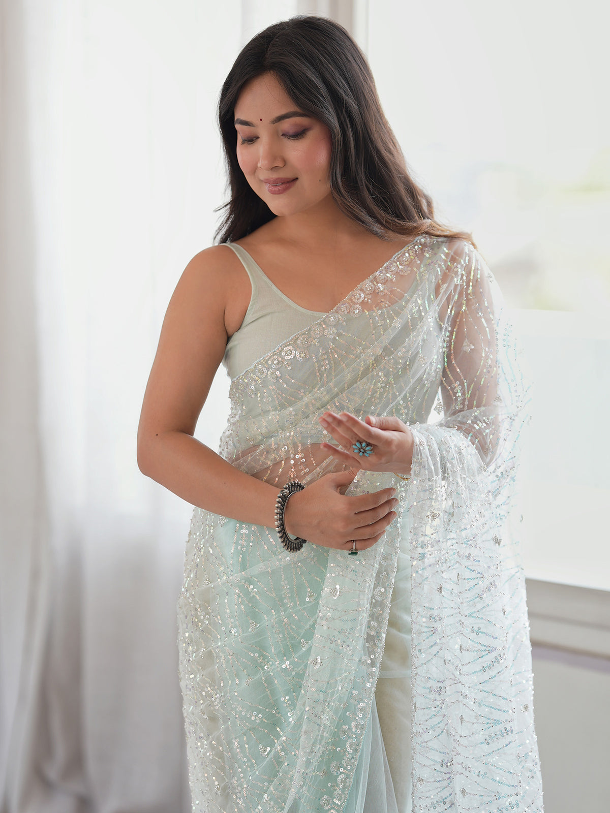 Light Blue Net saree – detail view 3