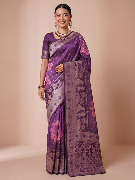 Woman wearing purple jacquard saree with traditional indian motif work and wine blouse