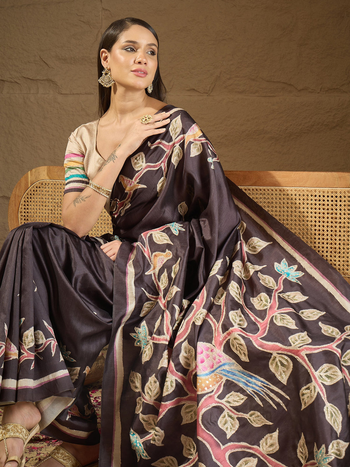Charcoal Grey art silk saree view 5