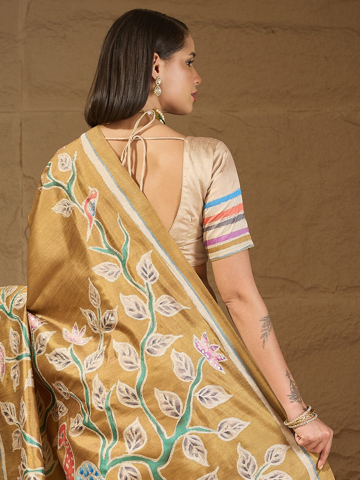 Mustard art silk saree view 2