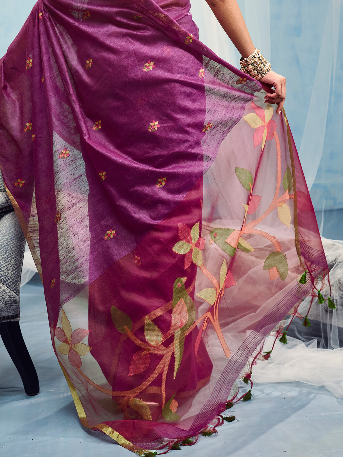 Magenta Muga Cotton saree – detail view 5