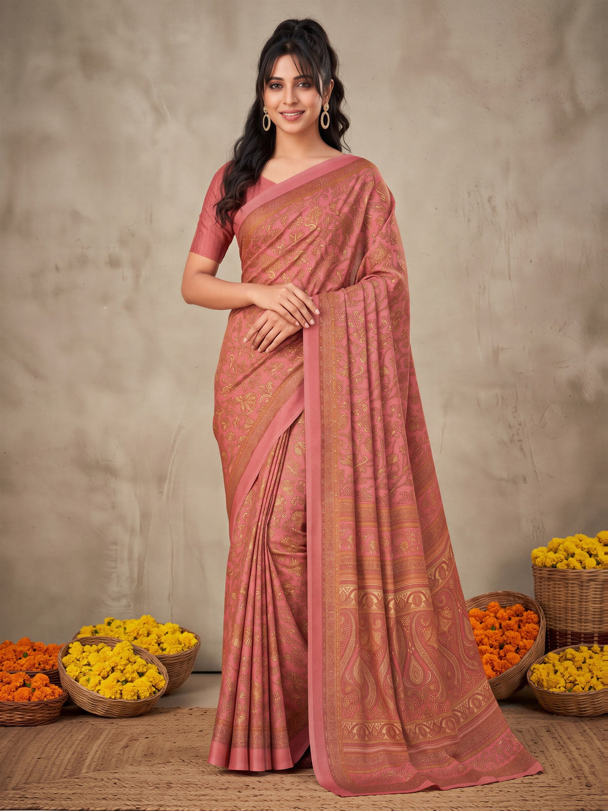 Woman wearing peach crepe saree with traditional indian motif work and peach blouse
